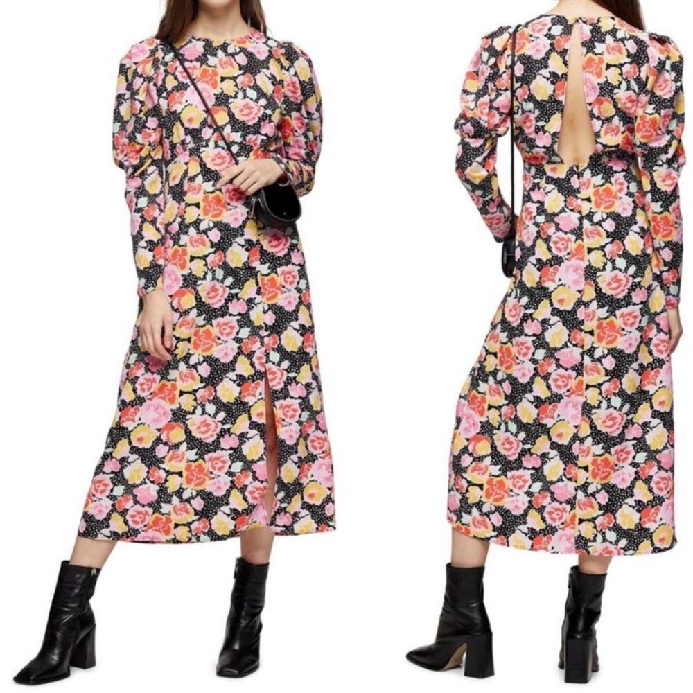 Topshop Floral Long sleeve open back‎ dress Slit front Empire Waist Size US 6